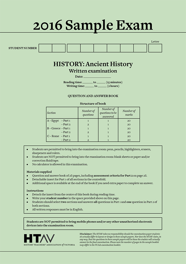 Front cover of 2016 HTAV Ancient History Sample Exam and Responses Guide.
