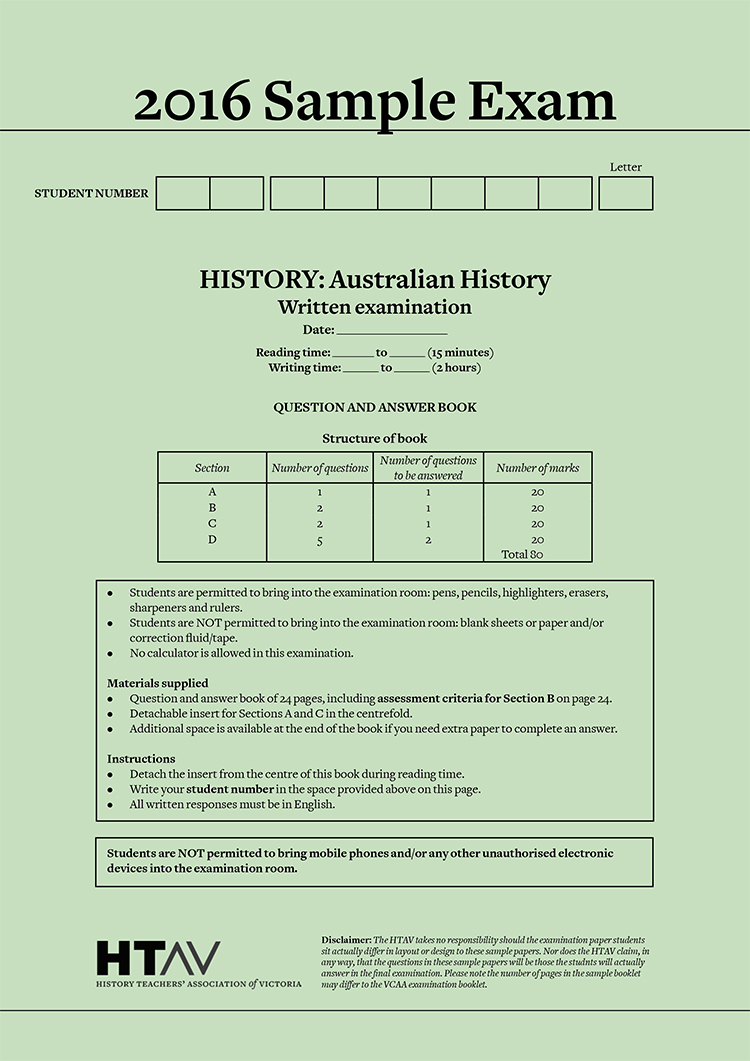 Front cover of 2016 HTAV Australian History Sample Exam and Responses Guide.