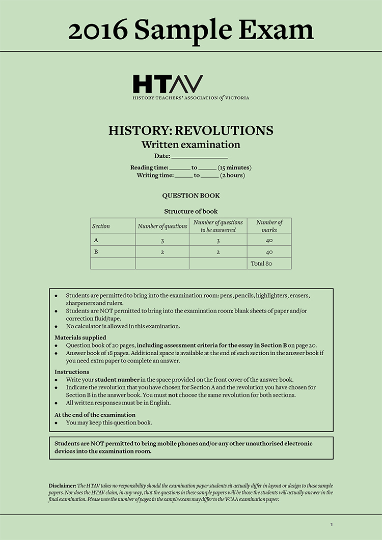 Front cover of 2016 HTAV Revolutions Sample Exam and Responses Guide.