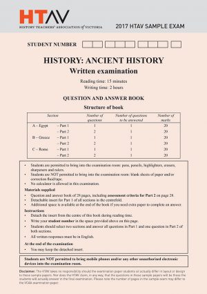 Front cover of 2017 HTAV Ancient History Sample Exam and Responses Guide.