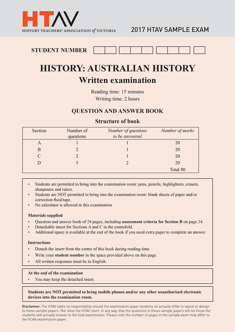 Front cover of 2017 HTAV Australian History Sample Exam and Responses Guide.