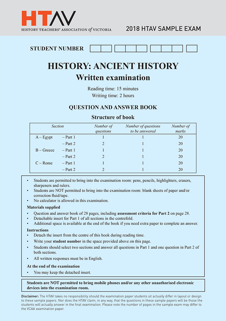 Front cover of 2018 HTAV Ancient History Sample Exam and Responses Guide.
