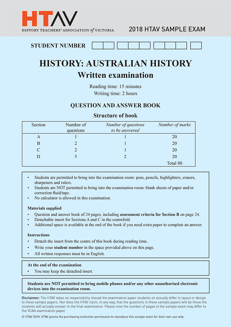 Front cover 2018 HTAV Australian History Sample Exam and Responses Guide.