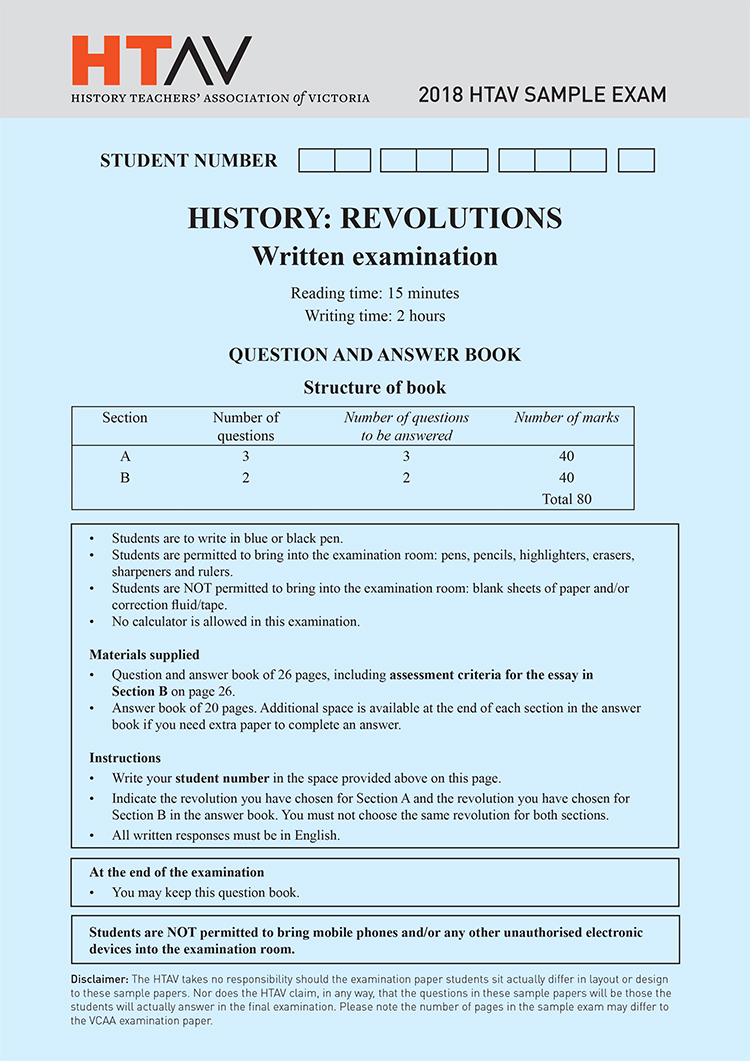 Front cover of 2018 HTAV Revolutions Sample Exam and Responses Guide.