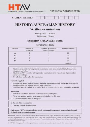 Front cover of 2019 HTAV Australian History Sample Exam and Responses Guide.