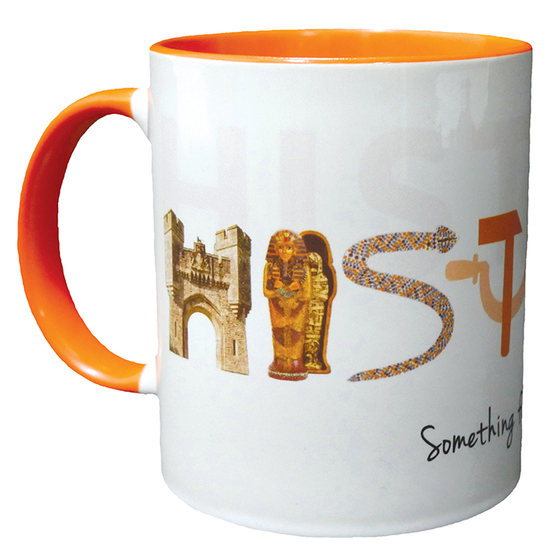 A white mug with an orange handle. The word 'History' is at the centre. Each letter represents a different area of the curriculum.